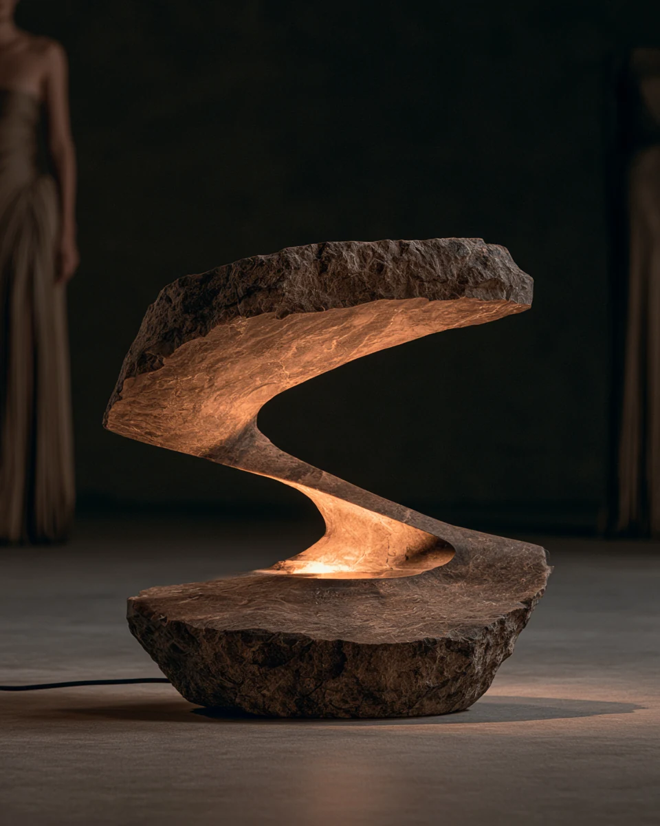 A crescent of carved stone lit from inside the cut