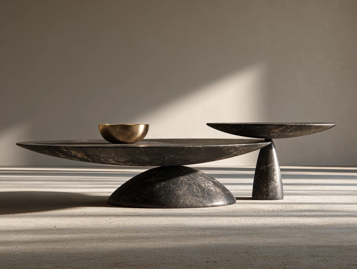 Two balanced disc tables in stone