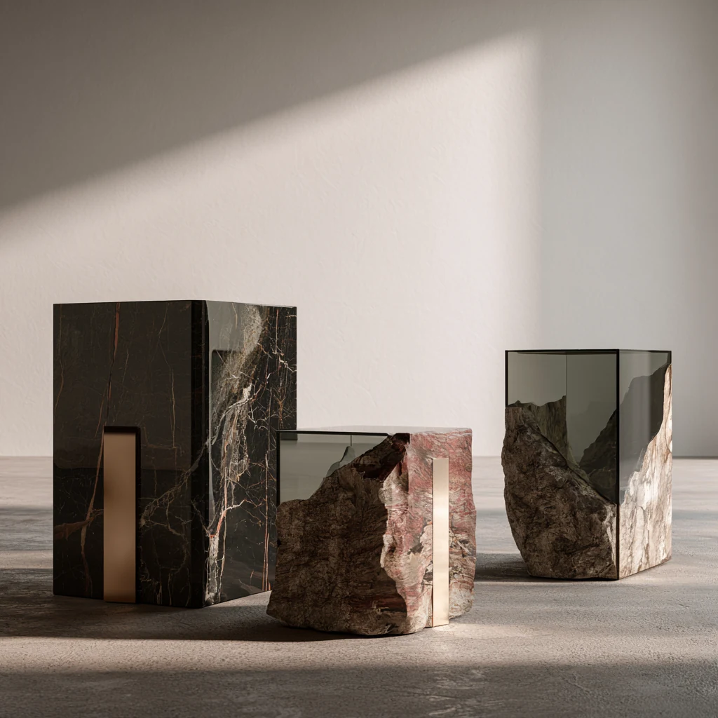 Stone blocks in several marbles, with brass