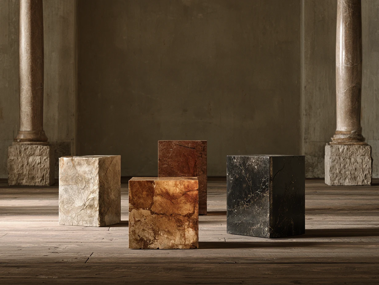 Five stone blocks in a colonnade