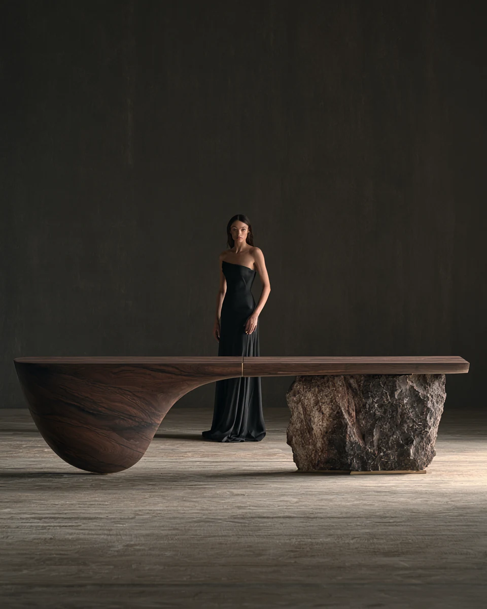 A figure standing behind a long table of stone and dark wood
